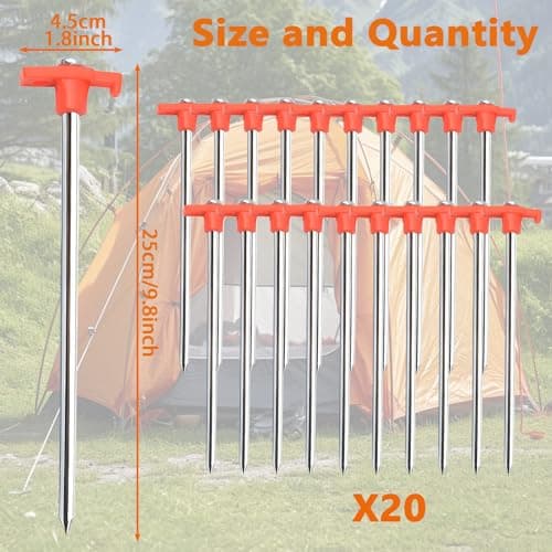 20 Pack Tent Pegs Metal Heavy Duty Camping Pegs Awning & Hard Ground Long Steel Ground Stakes Metal Tent Pegs for General Purpose, Hard ground, Tents, Camping for All Ground Types Outdoor (Orange) — view 2