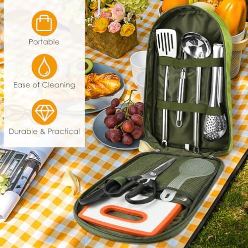 8 Pcs Camping Cooking Set, Portable Outdoor Cookware Utensils, Kitchen Cutlery Set with Multifunctional Stainless Steel Cutlery and Waterproof Storage Bag. Suitable for Outdoor Travel Camping Picnic — view 4