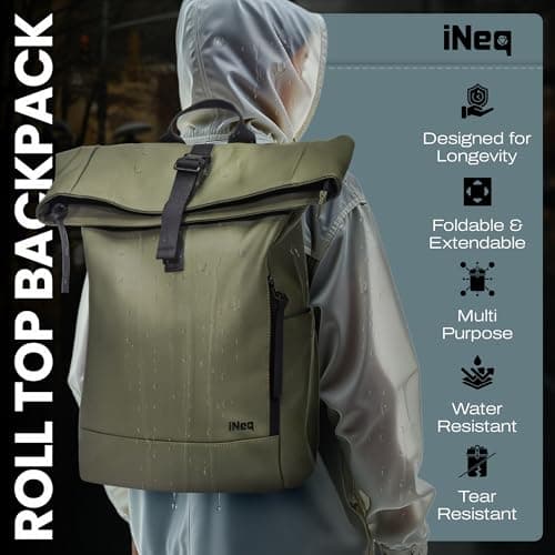 iNeq Roll Top Backpack Water Resistant Men and Women with Padded 15.6" Laptop & Tablet Compartments | Versatile Rolltop Rucksack | Expandable Travel Backpack for Work, School & Outdoors (Olive Green) — view 2