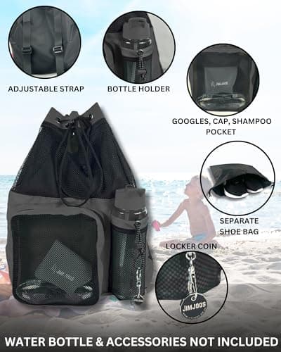 JIMJOOS Drawstring Mesh Swimming Bag - 25L Waterproof Swim Bag with Wet/Dry Compartment, Multifunctional Sports Backpack for Kids, Adults, Swimming, Surfing, Beach, Gym (Black) — view 4