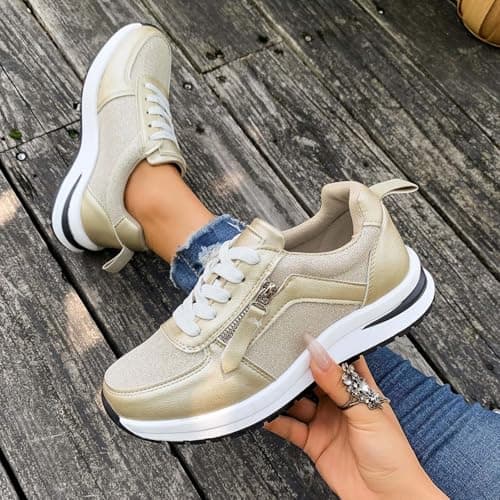 Womens Gym Trainers Wide Fit Womens Orthopedic Trainer with Arch Support Cushion Memory Foam Wedge Trainer Running Shoes Non Slip Platform Walking Sneakers Sport and Outdoor Shoes Gold 6.5 — view 6