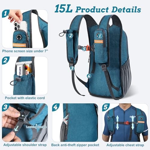 BECOJADDE 15L Hiking Backpack for Men Women Foldable Small Rucksack Lightweight Mini Backpack for Camping Travel Outdoor, Turquoise — view 2