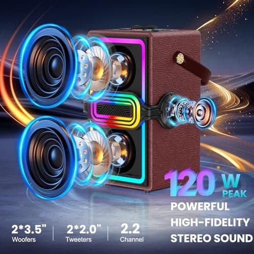 Bluetooth Speaker, 120W Peak Power Portable Speakers Wireless (Burgundy) — view 2