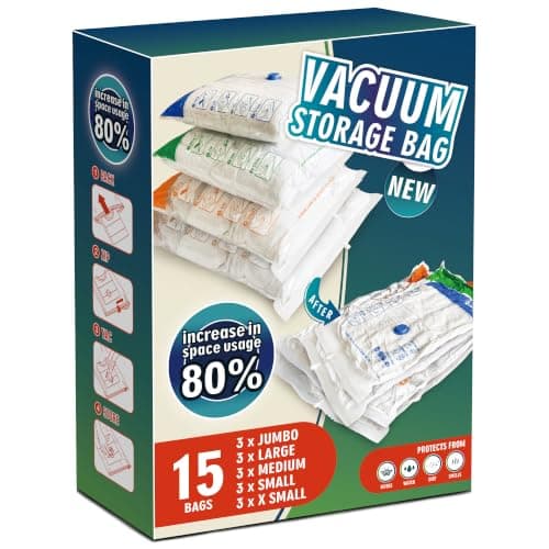 Storage Master Space Saver Bags for Travel and Home Reusable Vacuum Storage Bags Save 80% More Storage Space (15 Combo, No Pump Included)