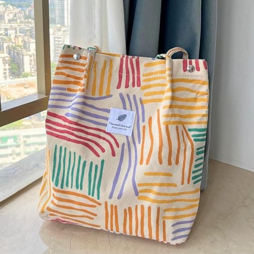 KEYRI Corduroy Totes Bag Women's Shoulder Handbags Cord Bag Large Reusable Carry Bag Pocket Big Capacity Shopping Bag Colourful Stripes Shoulder Bag for School College Travel Work Casual (Colourful) — view 2