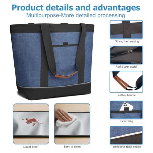 Insulated Cooler Bag Leakproof Thermal Insulation Collapsible Soft Sided Cooler Tote with Zippered, Reusable Freezer Bag for Grocery Shopping, Food Delivery, Picnic, Travel, Dark Blue — view 3