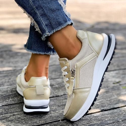 Womens Gym Trainers Wide Fit Womens Orthopedic Trainer with Arch Support Cushion Memory Foam Wedge Trainer Running Shoes Non Slip Platform Walking Sneakers Sport and Outdoor Shoes Gold 6.5 — view 5