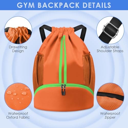 BROTOU Unisex Drawstring Backpack, Waterproof Gym Bag, Large Oxford PE Pack, Students School Backpack, Durable Sports Ball Bag, with Shoe Bag (A, Orange) — view 5