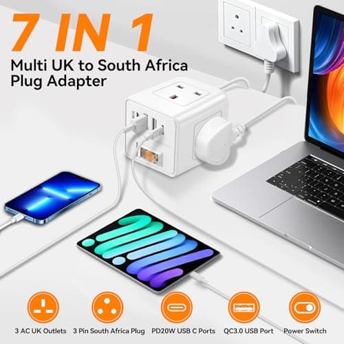 UK to South Africa Plug Adapter,3 Way UK to SA Plug Adaptor with 4 USB — view 2