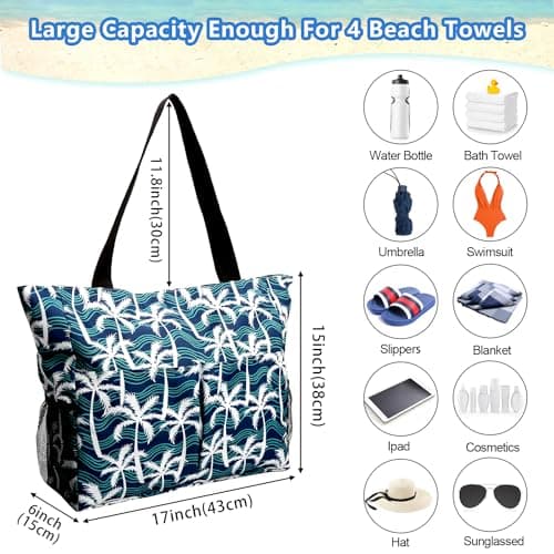 TAHAVICE Beach Tote Bags for Women with Zip, Large Waterproof Beach Bag with Pocket, Summer Beach Bags for Travel, Shopping, Pool, Gym — view 4