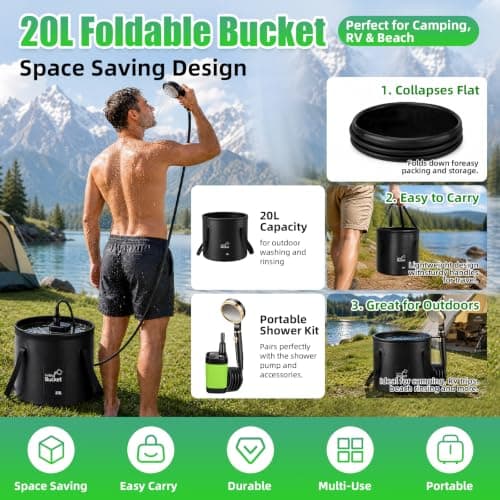 Capsste Portable Shower for Camping, 6000mAh Rechargeable Camping Shower Pump with LED Display, 20L Foldable Bucket, Rinse Kit, IPX7 Waterproof, for Hiking, Travel, Car, Pet — view 3