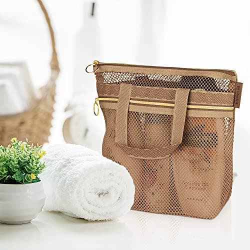 DV Lifestyle Mesh Shower Bag 25 x 26cm Caddy with Zipper & 2 Pockets. Quick-Dry Portable Toiletry Tote for Bathroom, Gym, Travel, Camp, Beach, for Sunscreen, Dorm & College Essentials (Brown) — view 3