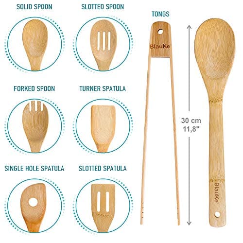 BlauKe® Wooden Kitchen Utensils Set of 7 – Bamboo Cooking Utensils for Non-Stick Cookware – Wooden Spatulas for Cooking, Wooden Spoons, Tongs — view 3