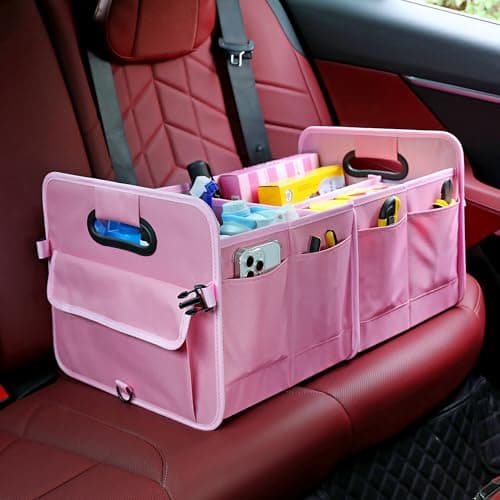 austoces Car Boot Organizer,Collapsible Durable Multi Compartments Car Storage Organiser With Adjustable Straps (Pink) — view 5