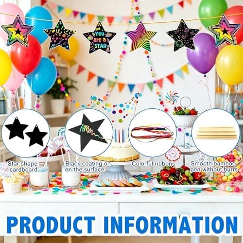 Scratch Art Party Bag Fillers, Rainbow Scratch Paper Creative Activities, Star-Shaped Scratch Cards with Bamboo Stylus, 48-Piece Set for Classroom Projects and Travel Entertainment — view 3