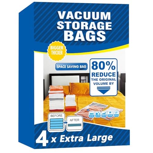 Vacuum Storage Bags - 4 Pack Extra Large (100X130cm) Space Saver Sealer Compression Bags, Reusable Vacuum Bags for Storage Clothes, Duvets, Bedding, Quilts, Pillows, Blankets, Travel