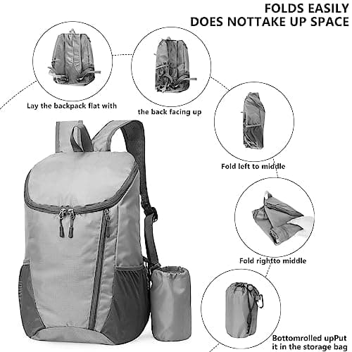 Yoolly Lightweight Foldable Backpack, Small Hiking Rucksack, Waterproof Packable Backpack for Men Women Kids, Durable Rucksack for Outdoor Sport Travelling Hiking Camping Biking Walking (Grey) — view 5