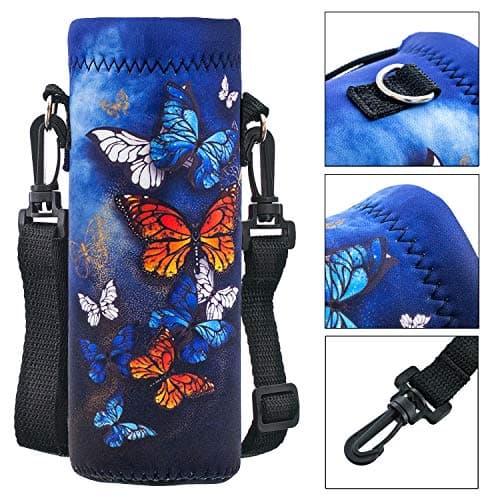 Hnycsir 500ML Neoprene Water Bottle Bag Carrier, Portable Insulated Sling Holder Case Pouch with Adjustable Shoulder Strap for Men Women Travel,Hiking,Walking,Outdoor Activities (Butterflies) — view 3