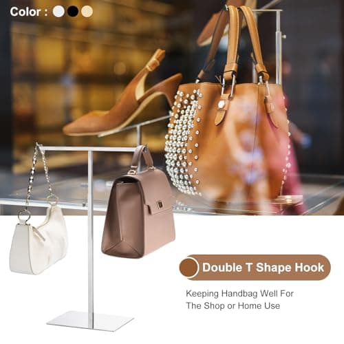 sourcing map Purse Display Stand T Shaped Metal 2 Pack Adjustable Handbag Rack Double Hook Holder Necklace Organizer for Home Boutique Store - Gold — view 5