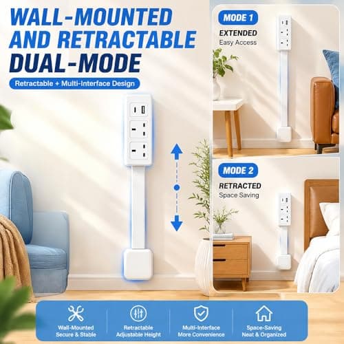 Rppiup Expandable Rotary Socket, Extension Socket Features USB-A USB-C & 2 AC Outlets, Outlet Extender UK, Hard-to-Reach Outlets in Narrow Places, Extends 17"-27" Rotates 180° Plug Extension Plug — view 5