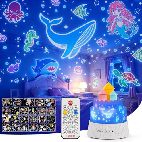 Kids Night Light Projector, Sensory Toys Baby Toys,12 Music & 23 Films, Dimmable+Timer+Remote Projector, Rechargeable Sleep Aid with 360° Rotating, Remote & Timer, Birthday, Christmas gift, Room Decor