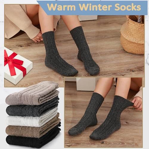EBMORE Womens Merino Wool Thermal Socks Walking Warm Winter Thick Hiking Comfy Work Soft Boot Winter Cold Socks for Ladies 5 Pack Stocking Fillers(Khaki Series) — view 3