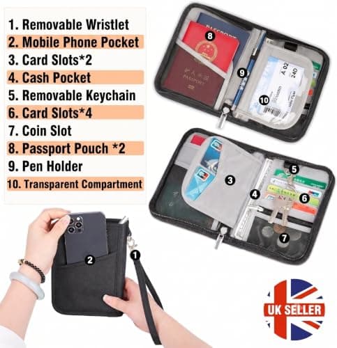 Travel Document Holder, Passport Holder For 2 Passports, Small Passport Bag, Double, Dual, A5, Folder, Money Purse, RFID Blocking, Holiday, Multiple Waterproof Organisers, Black Compact UK BLK /BRN — view 2