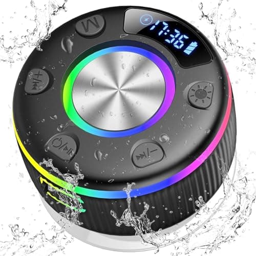 PRSCFUM Bluetooth Shower Speaker, Portable Bluetooth Speaker with Time Display, 2026 IPX7 Waterproof Wireless Speaker with RGB Lights, Deep Bass, Suction Cup for Bathroom, Travel, Outdoor, Party