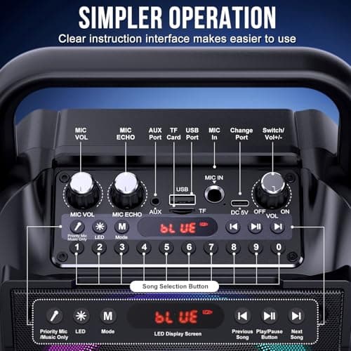 Karaoke Machine with Two Wireless Microphones, Adults&Kids Portable Karaoke Machine, Bluetooth Speaker with PA System, LED Lights, Supports TF Card/USB, AUX in, FM, USB,TWS, REC for Party, Gift(Black) — view 5