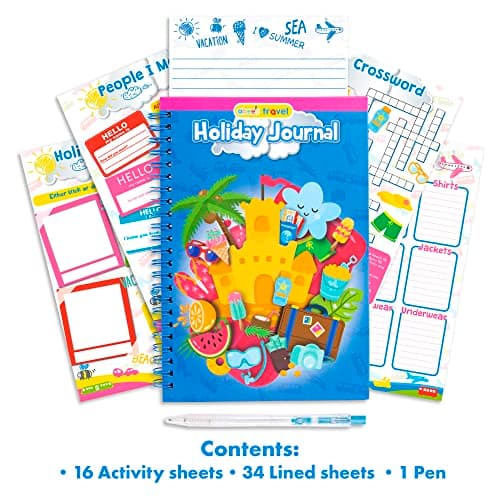 abeec Kids Holiday Journal with Pen | Travel Essentials for Kids Aged 6+ | Summer Activity Book with Puzzles Checklists & Games | 16 Activity Sheets & 34 Lined Pages | Plane Car & Caravan Fun — view 2