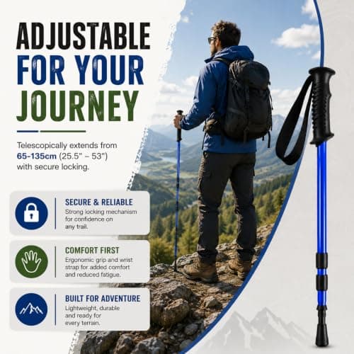 ALAYSTAR 1 Pair Telescopic Hiking Poles Adjustable 65-135cm Aluminium Alloy Walking Sticks with PVC Grip Handles, Wrist Straps, Mud Baskets and Antishock System for Hiking, Trekking and Walking — view 5