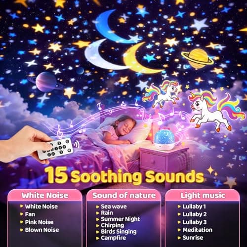 Baby Night Light Projector | 15 Films & 15 Soothing Sounds & 7 Colors & Remote Control | Unicorn Gifts for Girls Kids Night Light Projector, Sensory Lights Baby Toys for Girls Gifts for Girl Age 3-5 — view 3