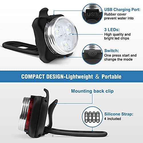Ascher USB Rechargeable Bike Light Set, Super Bright Front Headlight and Rear LED Bicycle Light,650mah Lithium Battery,4 Light Mode Options(2 USB cables and 4 Strap Included) — view 5