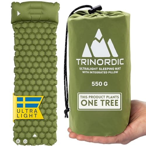 TRINORDIC Lightweight Inflatable Camping Mat - Built-In Pillow, 550g, Green