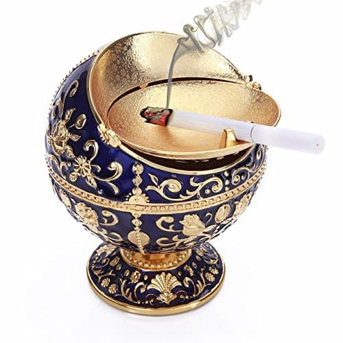 Malayas Vintage Windproof Cigar Ashtray with Lids Metal Portable Cigarette Ashtray and Odor Eliminator for Outdoors and Indoors Use, Hand Stamped Pattern Nice Gift for Men and Women (Navy Blue) — view 2