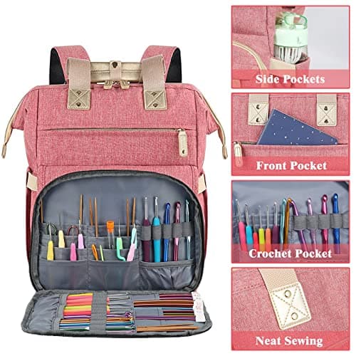 Knitting Bag Backpack, Yarn Storage Organizer Travel Crochet Bag with USB Charging Port, Large Capacity Tote Bag Yarn Holder Case for Carrying Projects, Knitting Needles, Crochet Hooks - Pink — view 2