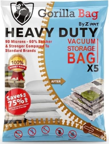 HEAVY DUTY 5 VACUUM STORAGE BAGS by Gorilla Bags, Extra Large 100x80cm. Extra Strong 90 Microns. Double Zip Seal & Unique Turbo Valve Keeps Items Compressed For Longer.
