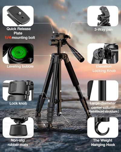 JOBFRI 73" Camera Tripod for Camera and Phone, Aluminum Travel Tripod — view 6