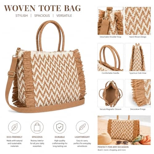 Woodland Leathers Womens Summer Bag, Straw Beach Bag, Large Woven Tote Bag with Raffia Fringe, Boho Chevron Design, Detachable Adjustable Shoulder Strap Holiday Handbag (Natural Tan, Large) — view 4