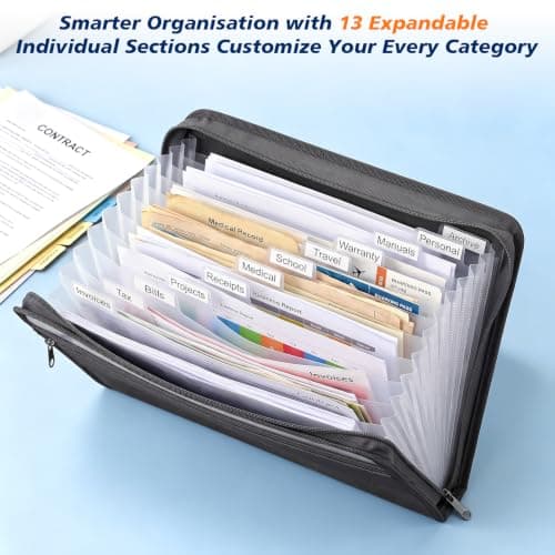 13 Pockets Portable File Organiser, A4 Accordion Document Organiser with Zipper Closure, Tabs, Sticky Labels & Extra Front Pocket for Home Office Travel — view 3