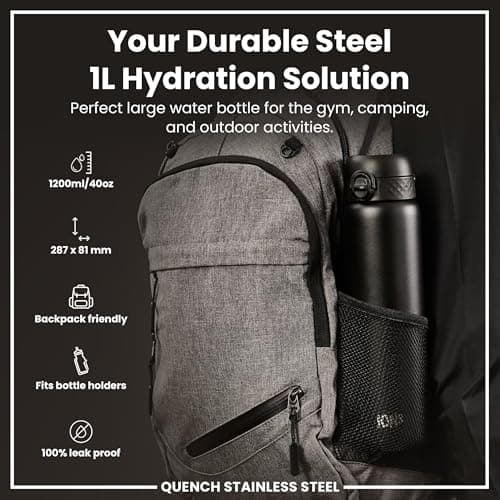 Ion8 Lightweight 1 Litre Steel Water Bottle, Non-Insulated, Leak Proof, Easy to Open, Secure Lock, Dishwasher Safe, Flip Cover, Carry Handle, Ideal for Travel & Active Lifestyles, Black — view 2