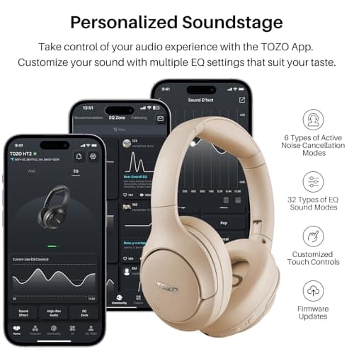 TOZO HT2 Hybrid Active Noise Cancelling Headphones, Wireless Over Ear Bluetooth Headset, 60H Playtime, Hi-Res Audio Custom EQ via App Deep Bass Comfort Fit Ear Cups, for Home Office Travel Khaki — view 6