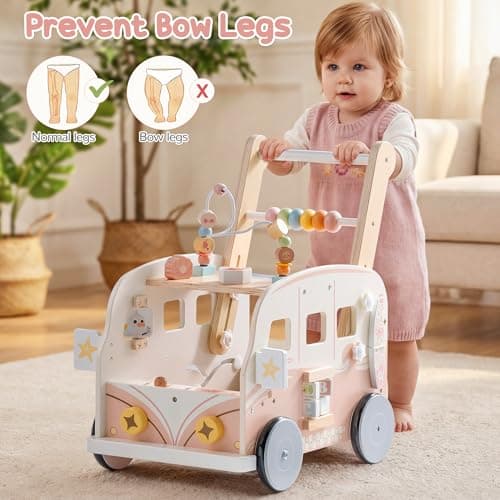 ROBOTIME Wooden Baby Walker, Baby Push Along Toy with Wheels, Multifunctional Activity Walker with Height Adjustment & Speed Control, Gift for Toddler Age 10-36 Months (Pink Mermaid) — view 2