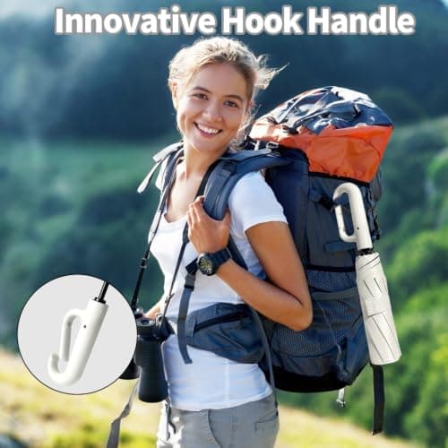 NKFBEV Travel Umbrella with Carabiner Handle, Windproof Umbrella for Rain and Sun, 10 Ribs, Auto Open Close, UV Protection, Compact Portable, Travel Umbrella Compact for Women Men Kids (Off-white) — view 6