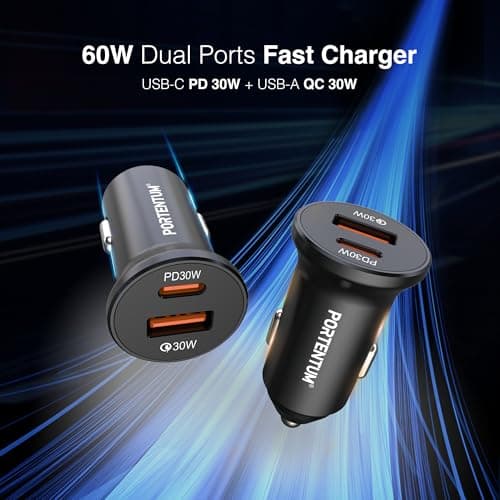 PORTENTUM Car Charger Adapter 60W + 60 W USB-C Cable included – Dual and simultaneous – USBC PD 30W + USBA QC 30W – Cigarette Lighter USB Charging for iPhone iPad Android Tablet Smartphone — view 3
