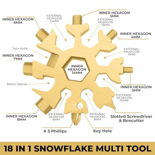 WedDecor Smart Portable 18-in-1 Snowflake Multi Tool with Screwdriver, Wrench, Bottle Opener Combination for Outdoor Travel, Camping, Daily Tool & Keyring, Multifunctional Portable Gadget, Gold — view 3