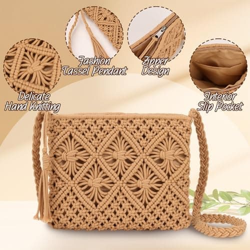 Sahunfri Straw Crossbody Bag for Women Bohemian Shoulder Bag Woven Crochet Purse For Summer Beach Travel Clutch Handbag (Khaki) — view 4