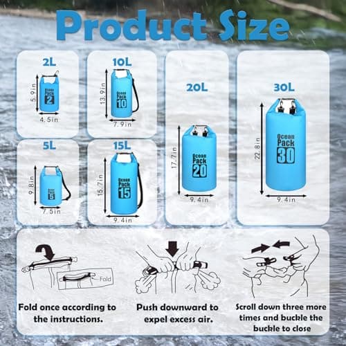 MOMAHUA 15L Waterproof Dry Bag Backpack with Double Shoulder Straps - Sky Blue Durable PVC Roll Top Dry Sack - Heavy Duty Reusable Rucksack for Kayaking, Boating, Beach & Travel — view 2