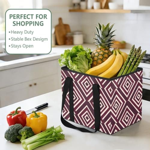 Car Trunk Organizer Reusable Bag for Shopping Shapes Maroon Pattern Cute Foldable Grocery Totes with Reinforced Bottom for Kitchen Storage, Travel Trips, 1 Pack — view 6