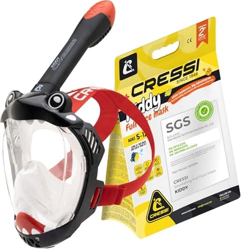 Cressi Kiddy Kids Full Face Snorkel Mask - Kids Snorkel Set with CO2-Safe Exhalation Valve - Soft Silicone Skirt & Swimming Mask Comfort - Family Owned Scuba Diving Equipment - Black/Clear/Red